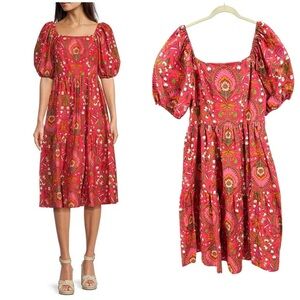 Vince Camuto Milkmaid Dress Womens 14 Midi Boho Floral Indie Puff Sleeve Cottage